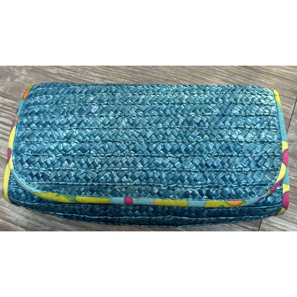 Ralph Lauren Straw Makeup Bag Clutch Turquoise Floral Lined Snap Closure Beachy